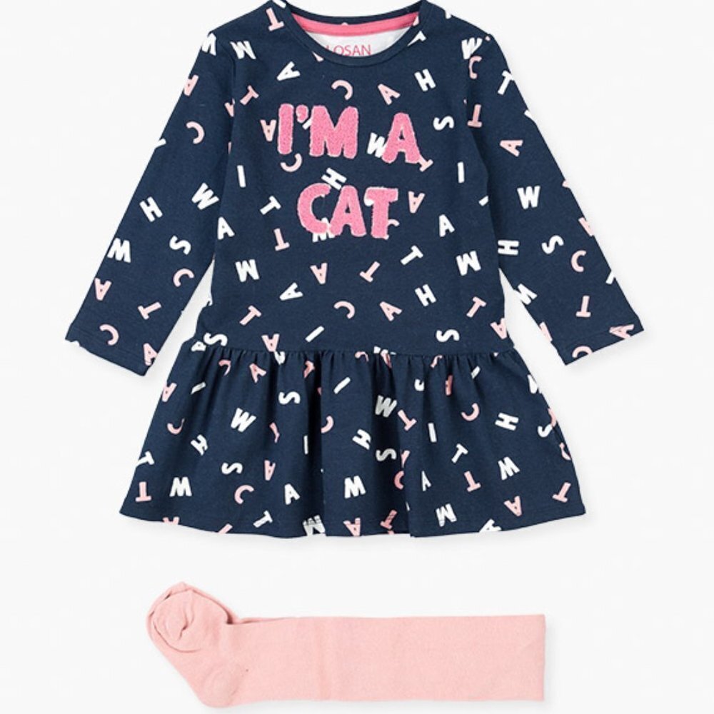 NWT NAVY DRESS WITH FRONT PATCH AND LIGHT PINK TIGHTS